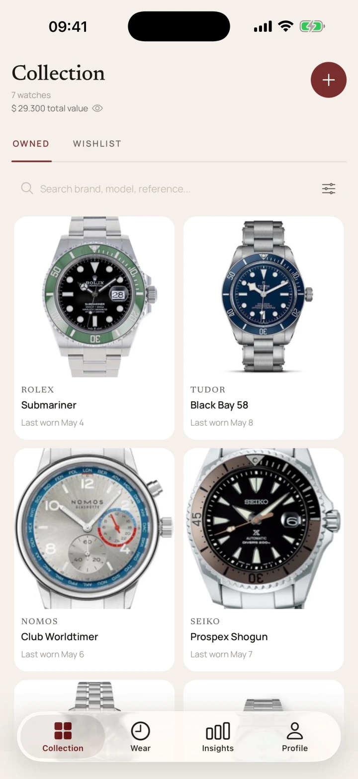 Lugs collection screen with watch photographs, search, and collection value