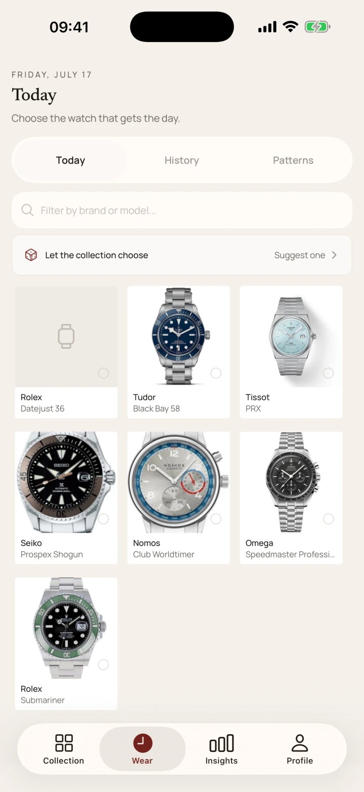 Lugs wear screen for choosing and logging today's watch